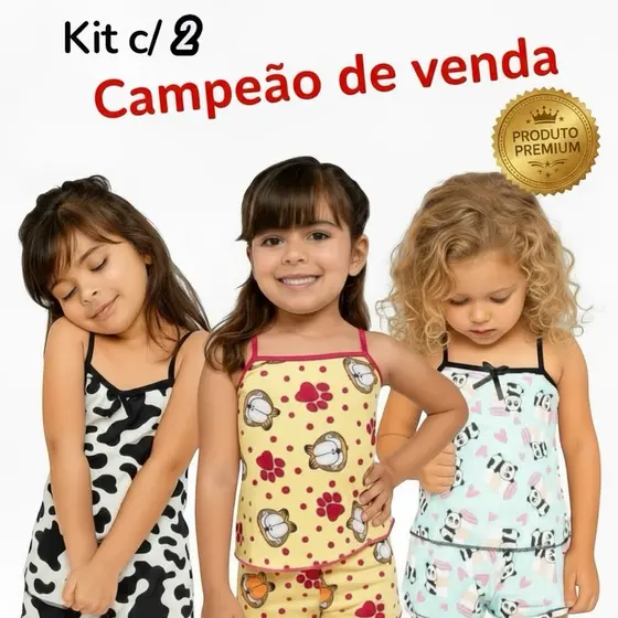 Kit c/ 2 Pijama Menina Personagens Qualidade com Shortinho Roupa de Dormir Baby Doll Criança