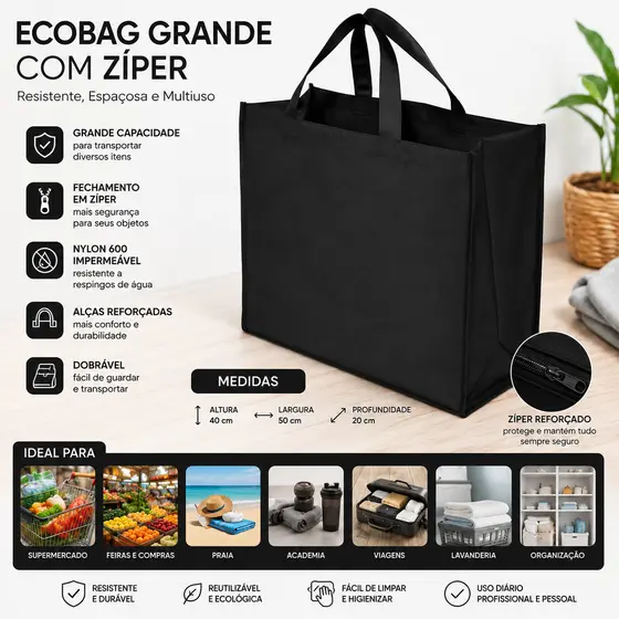 Sacola Ecobag Grande Com Zíper (40 X 50 X 20 Cm) Reforçado Feira Academia Mercado
