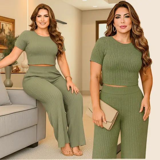 Conjunto Feminino Calça Pantalona e Cropped Manga Curta - Malha Canelada Premium Toque de algodão