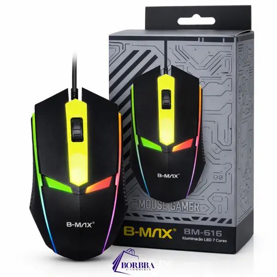 Mouse Gamer LED 7 Cores Com Fio 3 Botões Original B-Max 1000 DPI Para Jogos Trabalho Home Office
