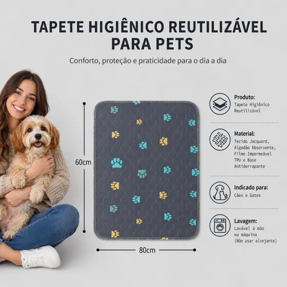 Newpet Tapete Higiênico Cinza Escuro Lavável 80x60cm para Cachorro Super Absorvente Impermeável Reutilizável