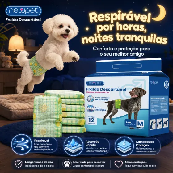 Newpet Fralda higiênica cães Pet descartável para cachorro Macho 12 unidades (P/M/G/GG)