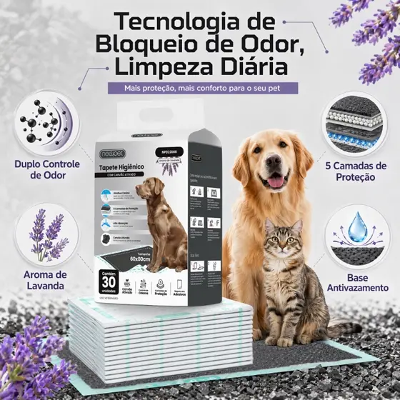 Tapete Higiênico Cães Carvão Bambu Ativado Aroma Lavanda 30 Unidades Absorvente Anti Odor Tamanho 60x60cm / 80x60cm
