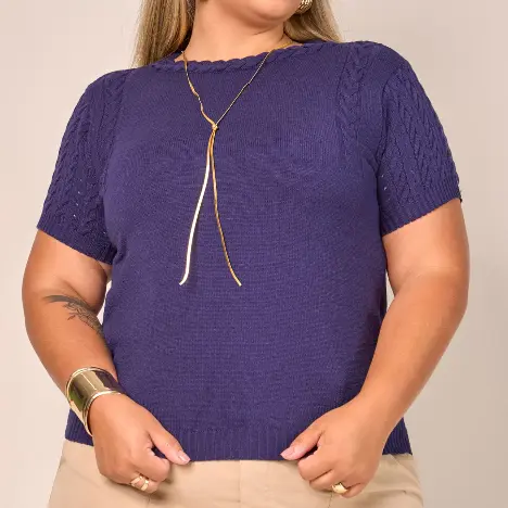 Blusa Modal Plus Size Elegante Tricot Premium Feminina Manga Curta Verão e Inverno Mariá Mariotti - 20510