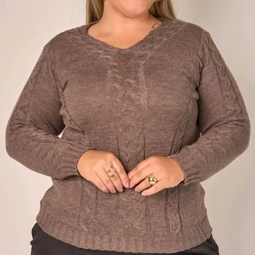 Blusa Plus Size Manga Longa Trama Tranças Decote V Estiloso Mariá Mariotti - 20512
