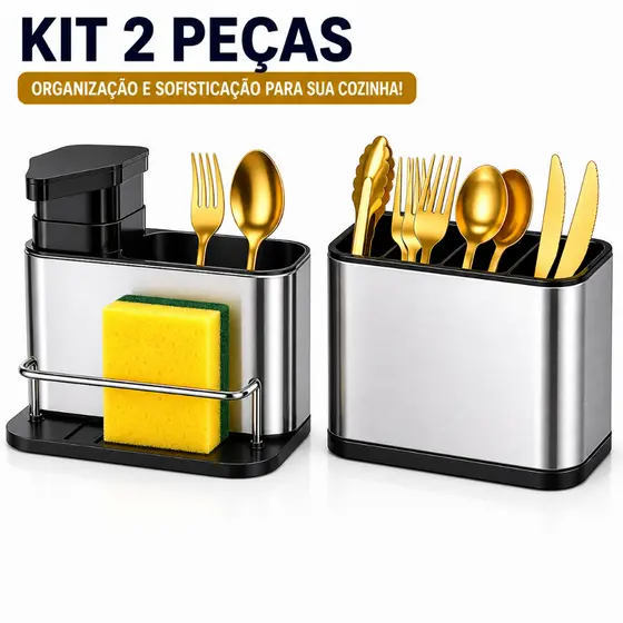 Kit Porta Talheres + Dispenser Detergente e Escorredor de Talher Inox 3 em 1