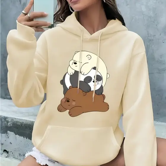 Moletom Canguru Unissex Flanelado Estampa Capuz Casual Inverno Quentinho Look Estilo Urso Bege