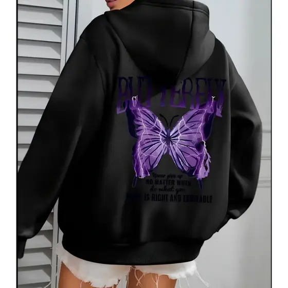 Blusa Frio Moletom Capuz Canguru Unissex Algodão Estampado Promoção Moda Streetwear Borboleta
