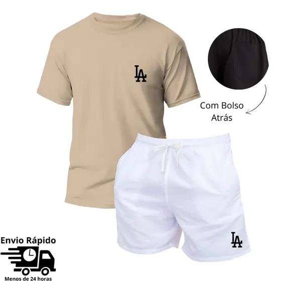 Kit Masculino Verão Camiseta Liso + Short Tactel Estampado Praia Academia Moda Corrida Los Angeles