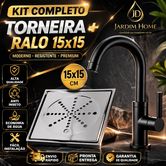 Kit Torneira Lavatório Banheiro Preto ABS + Ralo 15x15 Aço Inox Anti Odor