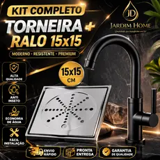 Kit Torneira Lavatório Banheiro Preto ABS + Ralo 15x15 Aço Inox Anti Odor