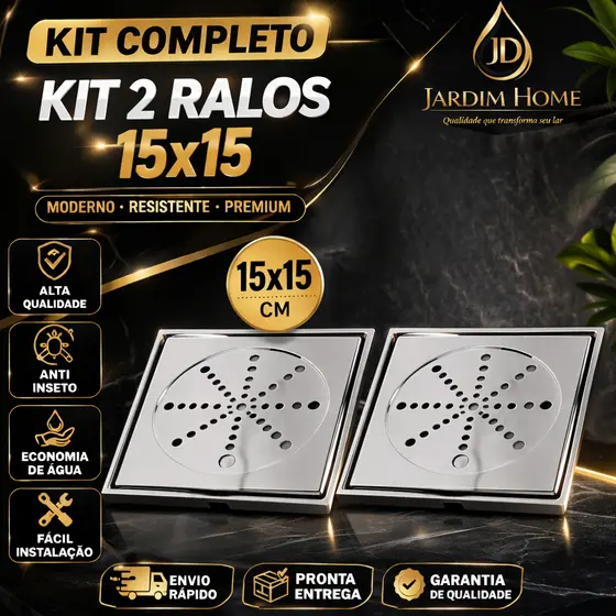 Kit 2 Ralos Quadrados Aço Inox com grelha 15 x 15 cm para Banheiro , Lavanderias