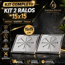 Kit 2 Ralos Quadrados Aço Inox com grelha 15 x 15 cm para Banheiro , Lavanderias