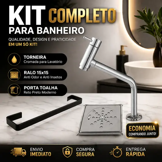 Kit Banheiro Completo Torneira Lavatório ABS +Porta Toalha Reto Preto +Ralo Quadrado 15x15 Anti Odor Anti Insetos