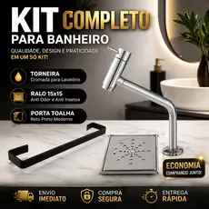 Kit Banheiro Completo Torneira Lavatório ABS +Porta Toalha Reto Preto +Ralo Quadrado 15x15 Anti Odor Anti Insetos