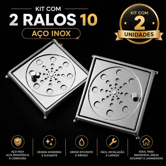 Kit Ralo Quadrado 10x10 Aço Inox  Anti Odor e Anti Insetos para Banheiro, Lavanderia