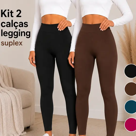 Kit 2 Calças Leg Calça Legging Zero Transparência Feminina Suplex Cintura Alta Sem Transparência