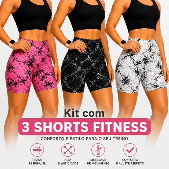 Kit 3 Shorts Feminino Fitness Tie Dye Cintura Alta Sem Transparência