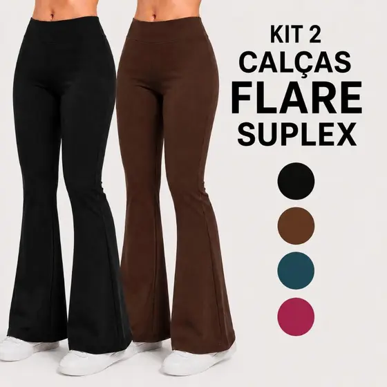 Kit 2 Calças Legging Flare Leg Bailarina Feminina Suplex Cintura Alta Sem Transparência Cós alto Calça Boca de Sino