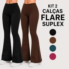 Kit 2 Calças Legging Flare Leg Bailarina Feminina Suplex Cintura Alta Sem Transparência Cós alto Calça Boca de Sino