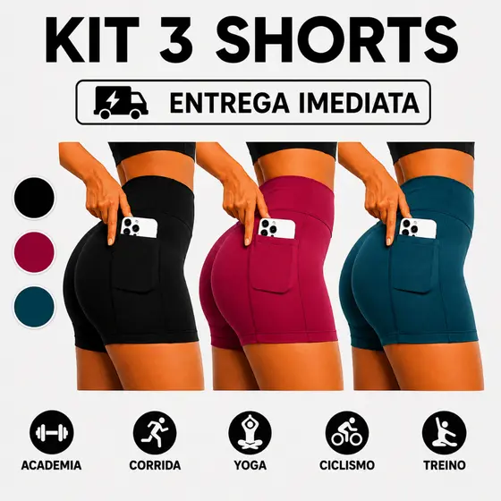 Kit 3 Shorts Com Bolso Feminino Academia Ciclismo Cintura Alta Zero Transparência Meia Coxa Tecido Suplex
