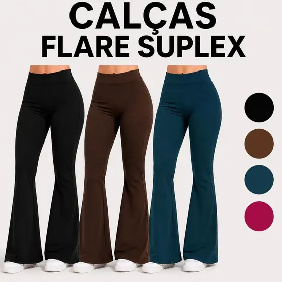 Kit 3 Calças Legging Flare Boca de Sino Calça Bailarina Wide Leg Feminina Cós Alto Suplex Cintura Alta Sem Transparência