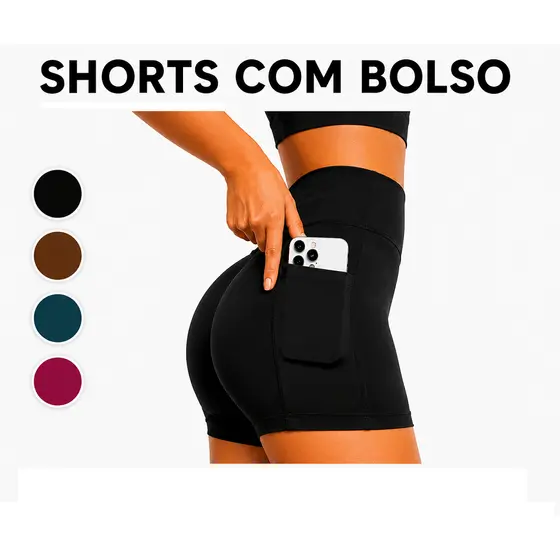Short Com Bolso Feminino Academia Suplex Premium Cintura Alta Fitness Zero Transparência