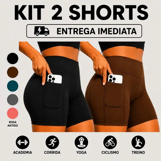 Kit com 2 Shorts de Academia com Bolso em Suplex