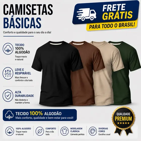 Kit 4 Camiseta Masculina 100% Algodão Básica Varias Cores Lisa Gola Redonda Camisa