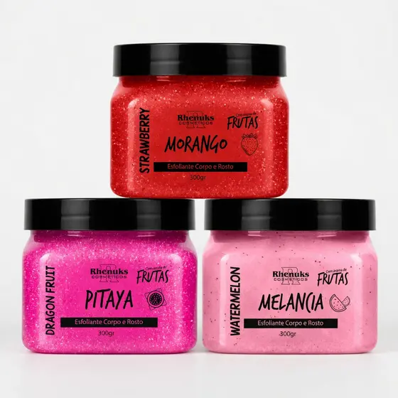 Kit 3 Esfoliantes Corpo e Rosto 300g Morango, Melancia e Pitaya | Pele Lisa e Hidratada