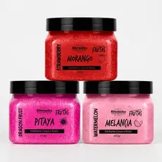 Kit 3 Esfoliantes Corpo e Rosto 300g Morango, Melancia e Pitaya | Pele Lisa e Hidratada