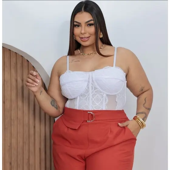 Cropped Corset Rendado Sem Bojo Plus Size Tamanho GG (46-50) Feminino Alça Regulável