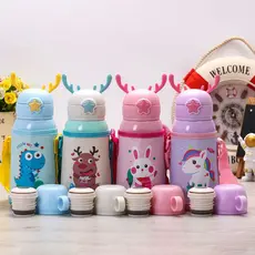 Garrafa Térmica Infantil de 500 ml Aço Inox 304 Com Alça Bolsa De Armazenamento, Canudo e Caneca