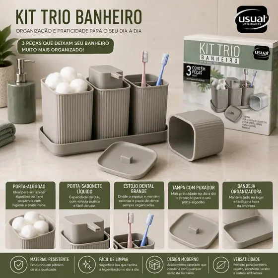 Kit 3 Acessórios Banheiro com Bandeja Dispenser Sabonete Líquido Porta Algodão e Porta Escovas Envio Imediato