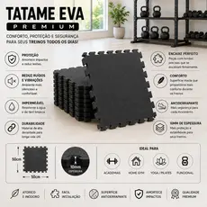Kit Tapete Tatame Eva Premium Academia Crossfit Yoga Artes Marciais Preto 50x50 10mm