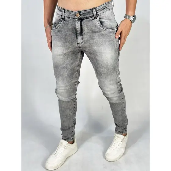 Calça Jeans Masculina Skinny Slim Estonada Cinza