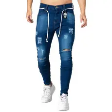 Calça Jeans Masculina Skinny Azul Escuro Rasgada Destroyed Com Elastano Estilo Street Urbano