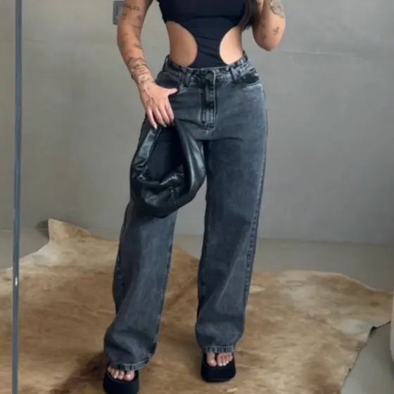 Calça Wide Leg Jeans Feminina Moderna Pronta Entrega Premium