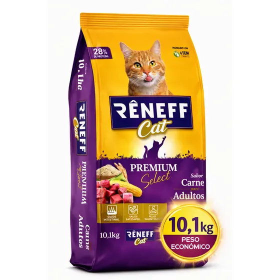 Ração Para Gatos Rêneff Cat Premium Select Carne 10,1kg Alta Proteína 28% Com Ômega 3 e 6 Para Gatos Adultos