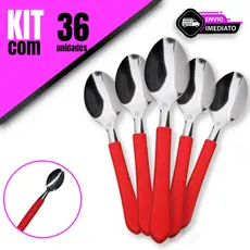 Kit 36/24/16/12 Unidade  Colheres de Chá Aço Inox Cabo Vermelho para sua Cozinha