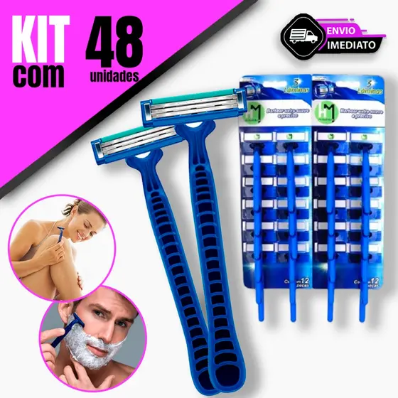 Kit 48/36/24/12 Unidades de  Barbeadores com 2 Lâminas Descartáveis – Uso Profissional e Doméstico