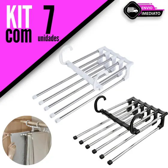 Kit 7/6/5/4 Unidades Cabides Multifuncional 5 Níveis Aço Inox Branco Antiderrapante Home e More