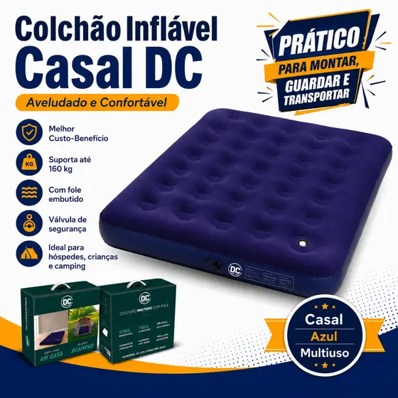 Colchão Inflável Casal com Bomba de Pé Ar Embutida Aveludado Multiuso Camping Mor Azul