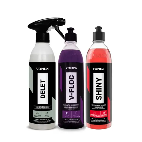 Kit Shampoo Pneu Pretinho E Limpa Pneus - Delet Shiny E V-floc 500ml Vonixx