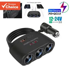 Adaptador 3 em 1  de Carregador de Carro 12V-24V | Divisor de Isqueiro 3 Soquetes + 2 Portas USB com LED e Carga Rápida
