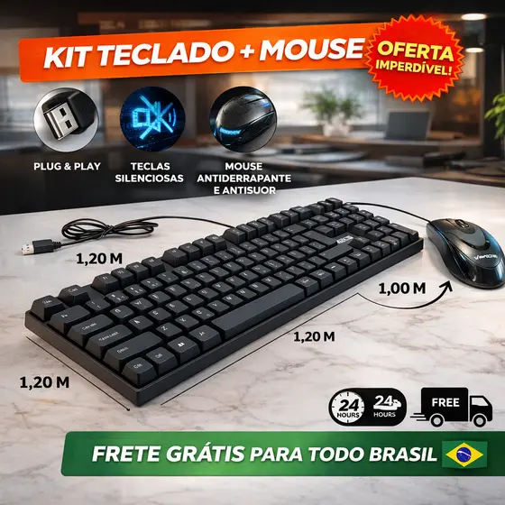 Kit Teclado e Mouse com Fio USB Preto Para Escritório Estudos e Trabalho Padrão ABNT Office TGT