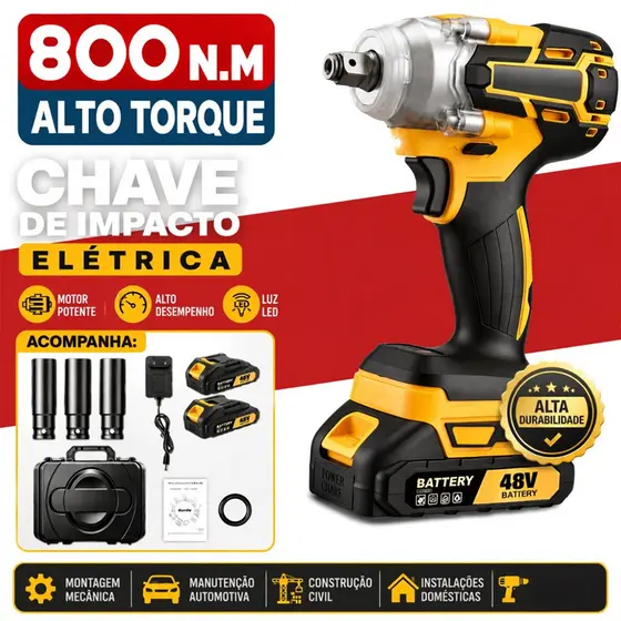 Kit Chave de Impacto Profissional 48V Alto Torque com Duas Baterias Recarregáveis e Maleta de Transporte 800NM
