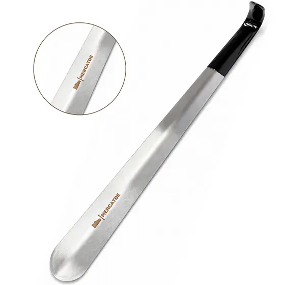 Calçador PREMIUM De Sapatos | Tênis | Aço Escovado Longo 42cm Aço Inox Escovado CABO PRETO ideal para Idoso MERCATOE