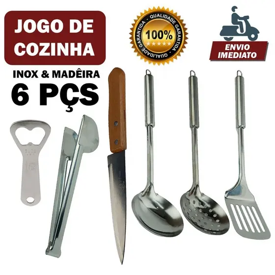 Utensílios de Cozinha com 6 Peças Faca Espátula Escumadeira Concha Pegador e Abridor Inox e Madeira