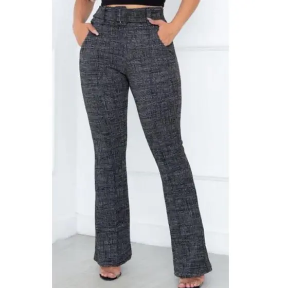Calça Flare social bailarina jacquard linho com cinto fixo com bastante elastano,cintura